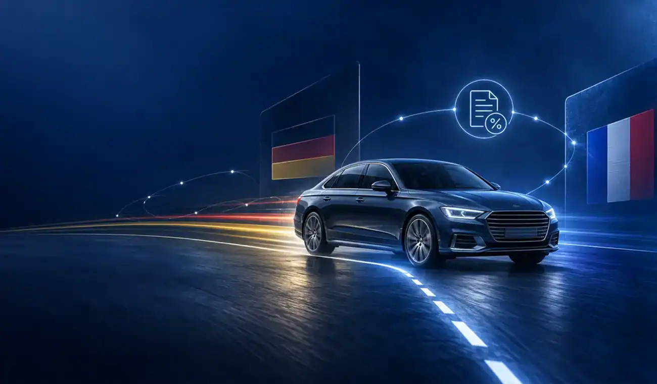 Voiture de société entre la France et l’Allemagne illustrant les enjeux de TVA transfrontalière